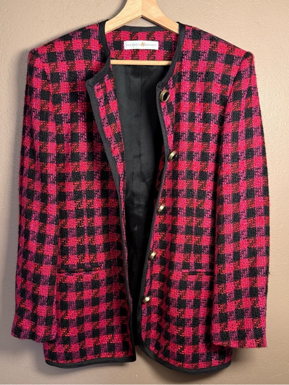 Preswick & Moore Vtg 90s Pink & Black Blazer Jacket, Gold/Black Buttons Size 14 - Picture 8 of 17
